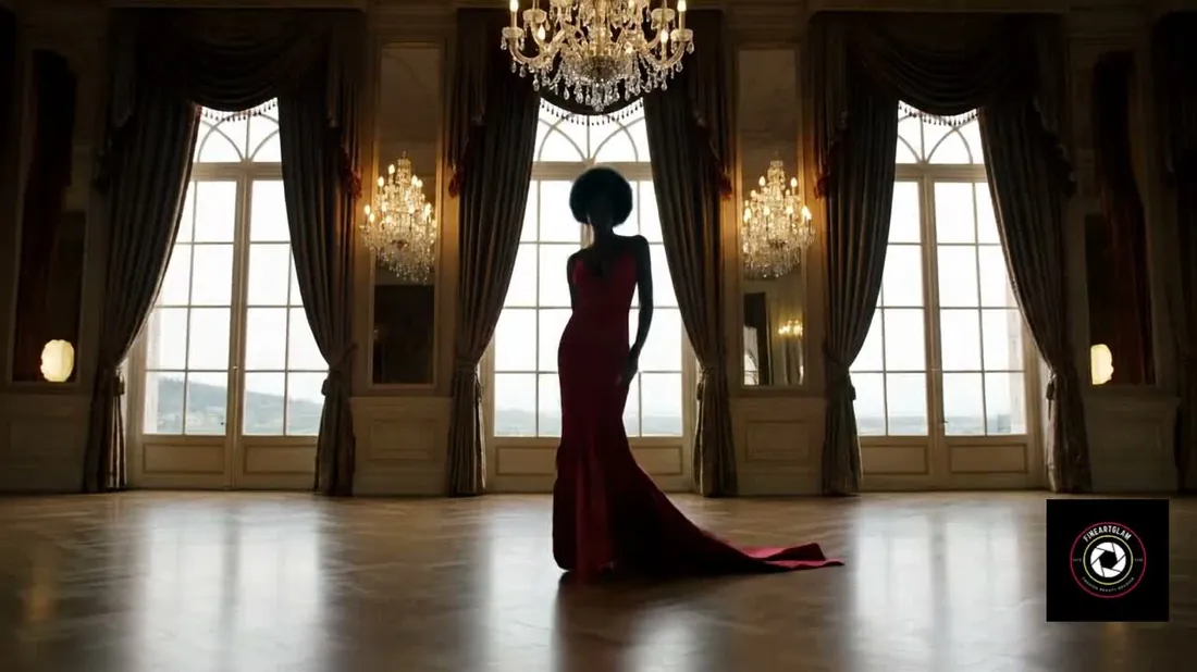 A model in a red gown silhouetted in a chandelier-lit ballroom — Fine Art Glam
