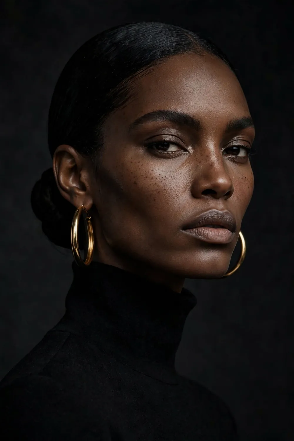 Editorial beauty portrait of a Black model in black with gold hoop earrings